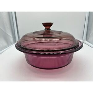 Vision by Corning 24 oz Cranberry Ribbed Casserole Dish V-30-B With Lid USA